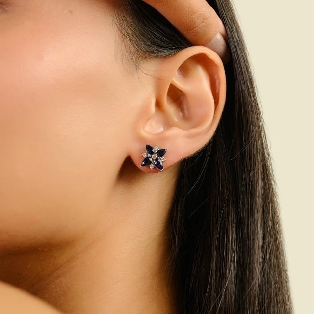 VRJewels 1.9Ct Blue Sapphire & Diamond Floral Stud Earrings in 14k White Gold- A Pair For Sale In New York - Image 6 of 12