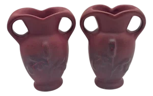 Van Briggle Pottery Matched Pair Double Handled Mulberry Vases Art Nouveau 7”