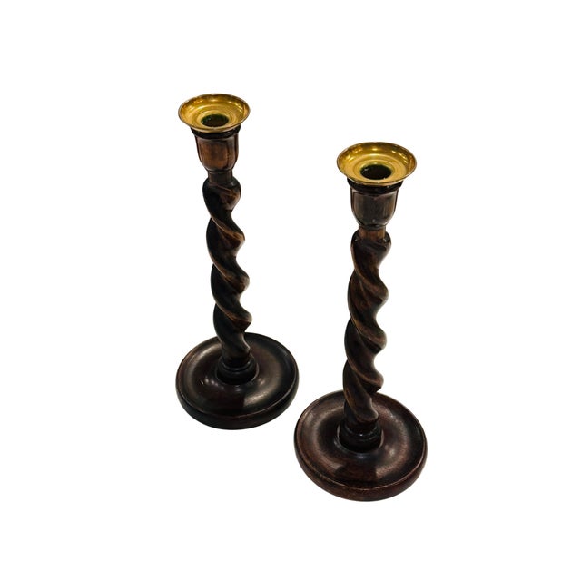 English Antique English Oak Barley Twist Candlesticks With Brass Bobeches For Sale - Image 3 of 6