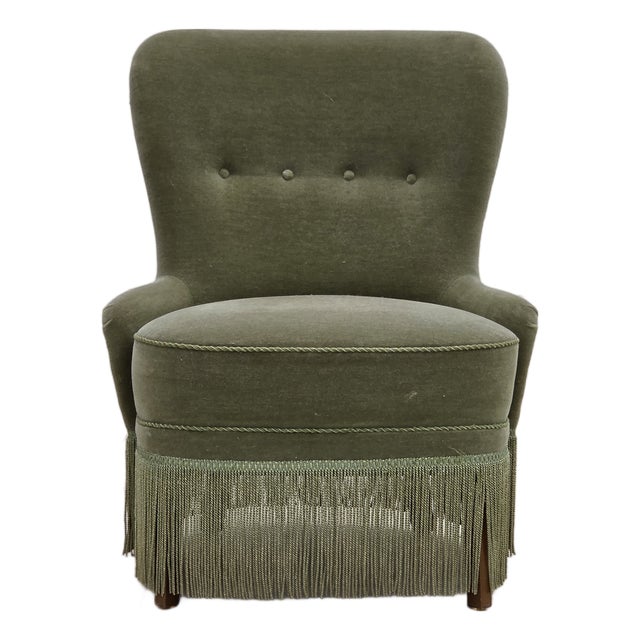 Danish Armchair in Green Furniture Velour, 1970s For Sale