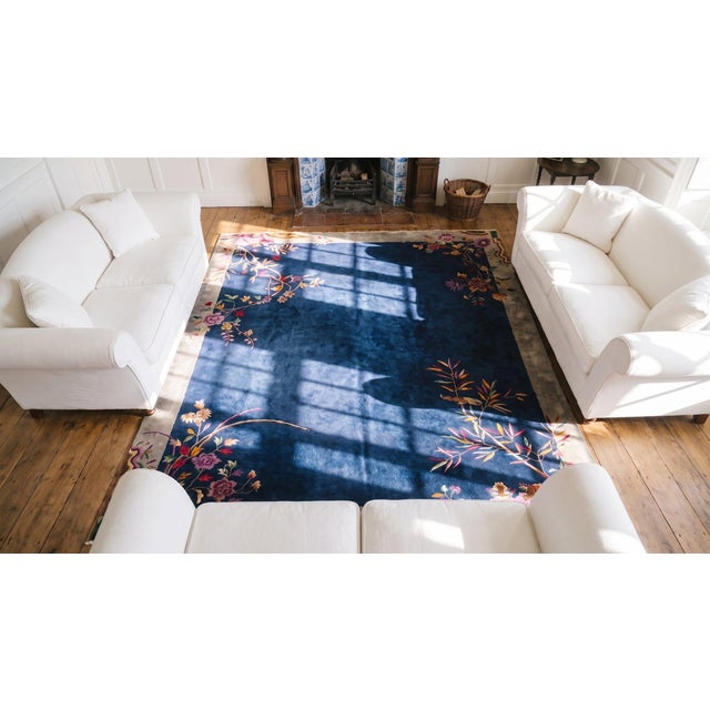 1920s Blue Navy Flowers Birds Antique Chinese Art Deco Carpet 9' X 11'10'' Knotted Wool Rug For Sale - Image 17 of 17