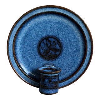 Aksel Krog Ceramic Wall Plaque Candle Holder Speckled Blue Stoneware Denmark 1960s For Sale