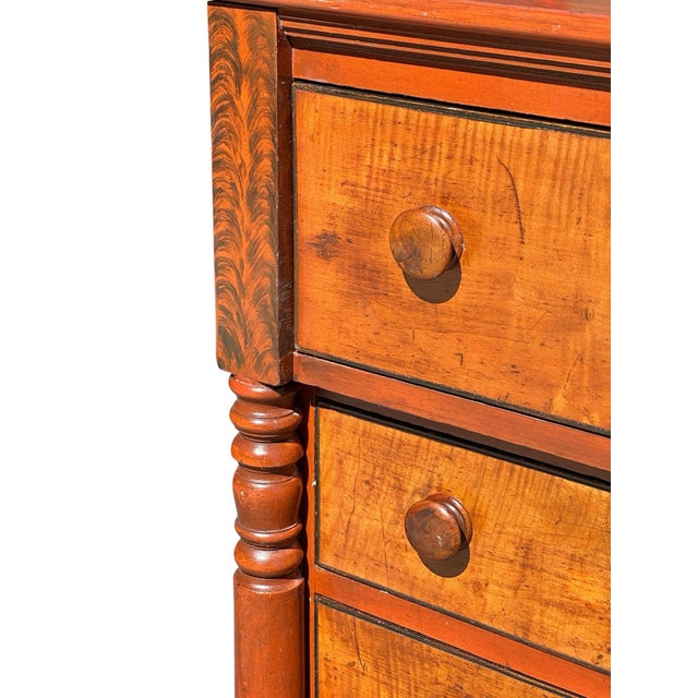Early 19th Century Antique Federal Tiger Maple Chest of Drawer With Original Red Wash & Grain Paint For Sale - Image 5 of 12
