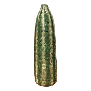 Textured Green & Cream Ceramic Vase with Star Design For Sale