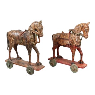 Pair of Monumental Indian Polychrome Carved Wood Horses on Wheels, 19th C. For Sale