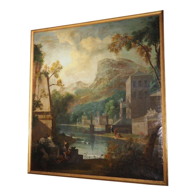 A Rare and Monumental 18th Century Italianate Landscape Oil on Canvas by Dutch Old Master W. Troost the Elder (1684-1752) For Sale
