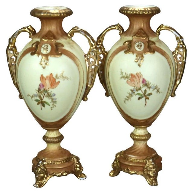 Pair Of Antique Rudolstadt Floral Hand Painted And Gilt Porcelain Bolted Urns C1890 Measures- 12"H x 6.25"W x 4.75"D