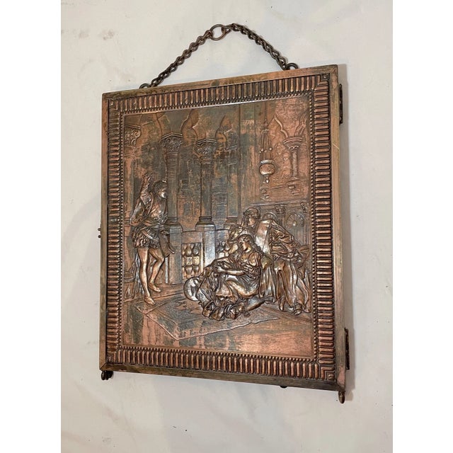 Antique Relief Figural Copper Triptych Panel Folding Table Vanity Mirror Plaque For Sale - Image 4 of 11