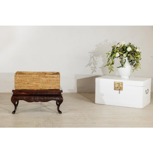 Vintage Rectangular Handwoven Rattan Basket with Wooden Side Handles For Sale - Image 16 of 18