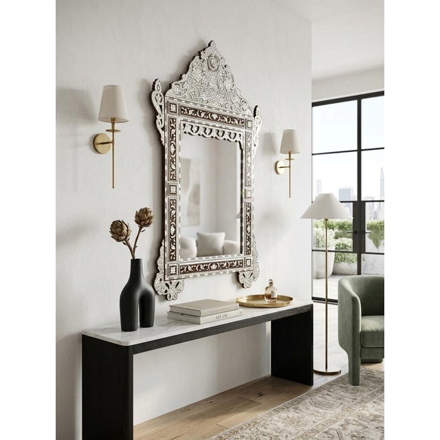 Elegant white mother of pearl inlaid mirror. This mirror made in the Levante area, using natural walnut wood and natural...