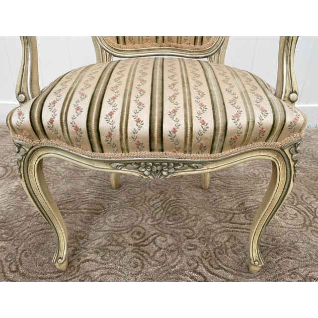 1960s Painted Wood Arm Chair Vintage Venetian Style Carved Cream Green Floral Stripe For Sale - Image 5 of 13