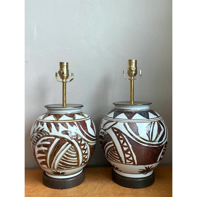 Chestnut Vintage Hand-Painted Ceramic Lamps - Pair For Sale - Image 8 of 15