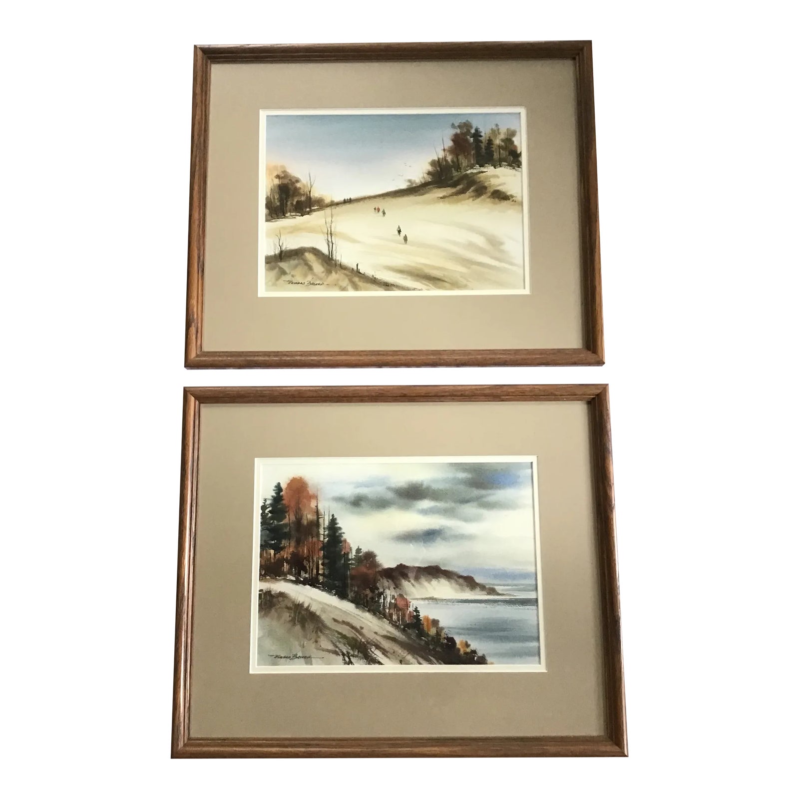 Vintage Pair of Framed Lake Michigan Dunes Watercolors by Edward Basker ...
