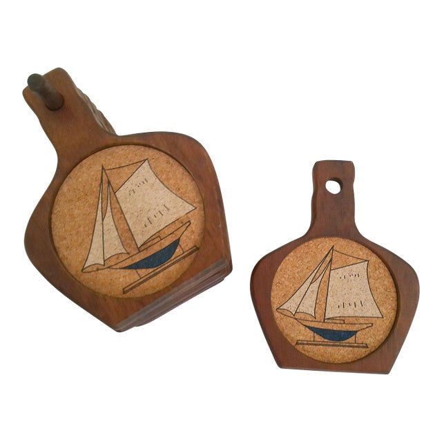 1970s Wood Model Boat Coasters with Holder, 9 Pieces For Sale