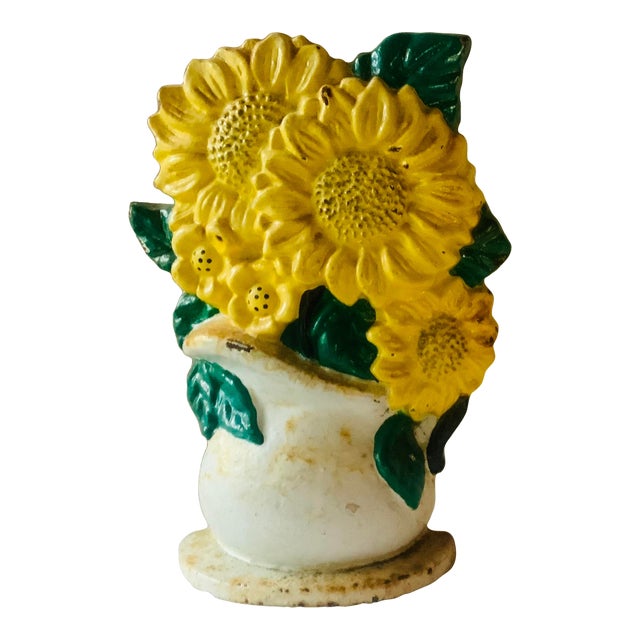 Sunflower Cast Iron Doorstop, 1940s Vintage Hand Painted Pitcher Form, American Farmhouse For Sale