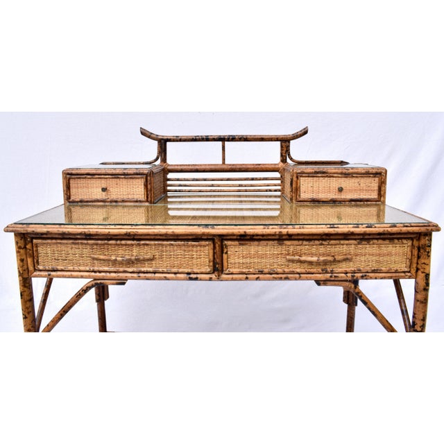 Vintage British Colonial Style Burnt Bamboo and Grasscloth Pagoda Desk For Sale - Image 12 of 12