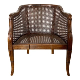 Carved Faux Bamboo Caned Barrel Arm Chair For Sale