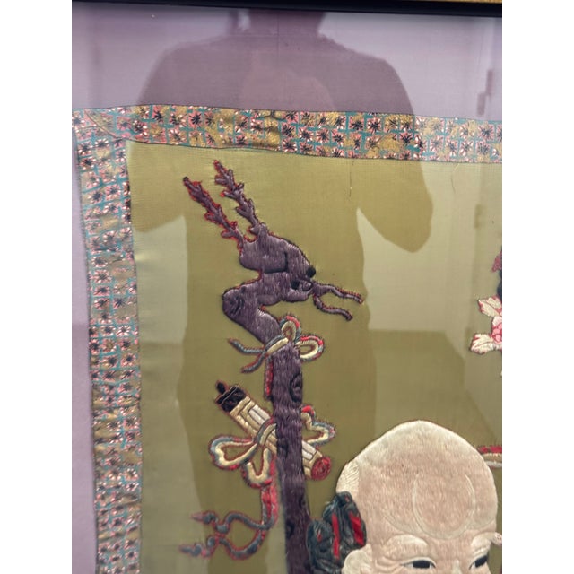 Textile Shou Lao + Deer Silk Vintage Embroidery, Framed For Sale - Image 7 of 12