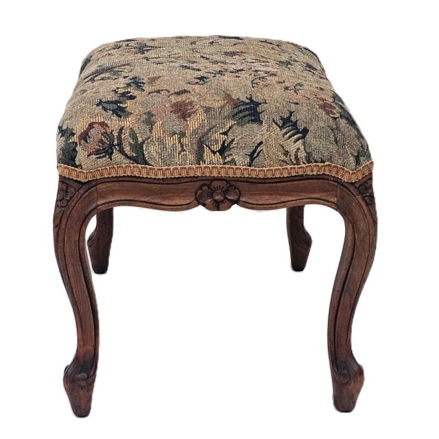 1910s Antique French Walnut Ottoman Footstool W/ Floral Carving & Cabriole Legs 1910s For Sale - Image 5 of 16