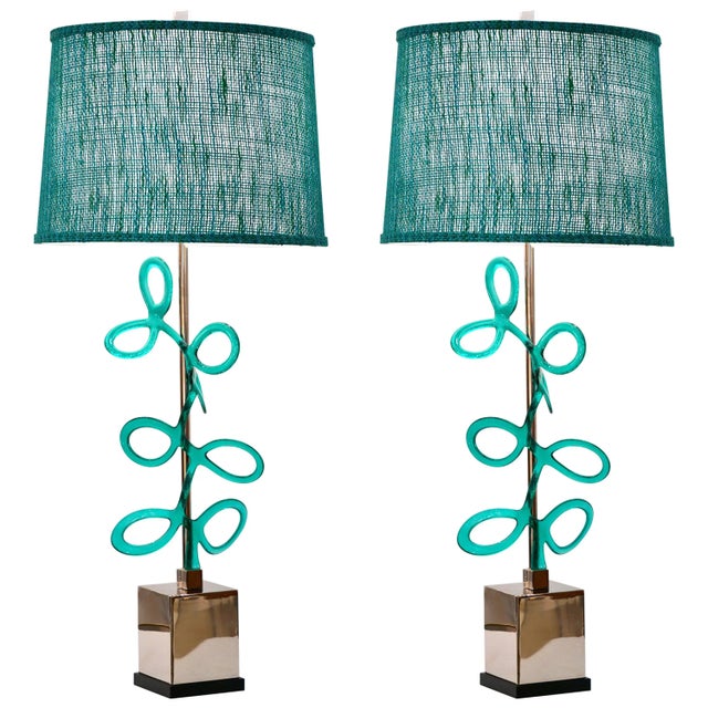 Italian Silver Color Nickel With Aqua Blue Murano Glass Swirls Lamps - a Pair - in Showroom For Sale - Image 11 of 11