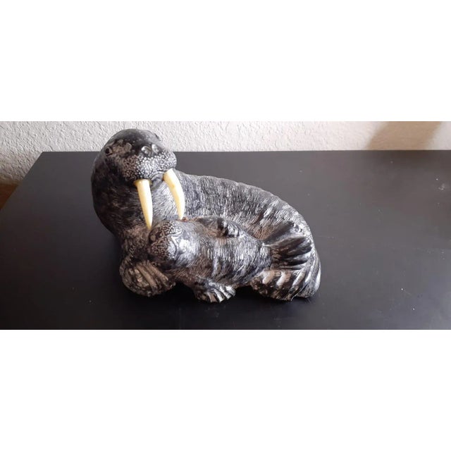 Vintage Canadian Wolf Sculptures Slate Walrus & Baby Sculpture For Sale In Dallas - Image 6 of 8