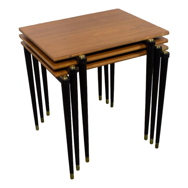 Mid-20th Century MCM Stacking Tables Walnut Veneer Tops Brass and Ebonized Legs Set of 3 For Sale