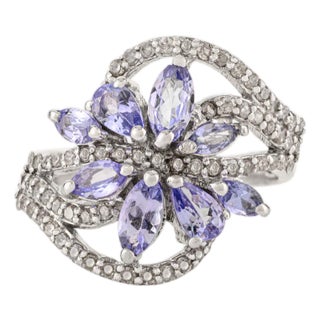 925 Silver Marquise Cut Tanzanite Flower Cocktail Ring With Diamond - Size 6.5 For Sale