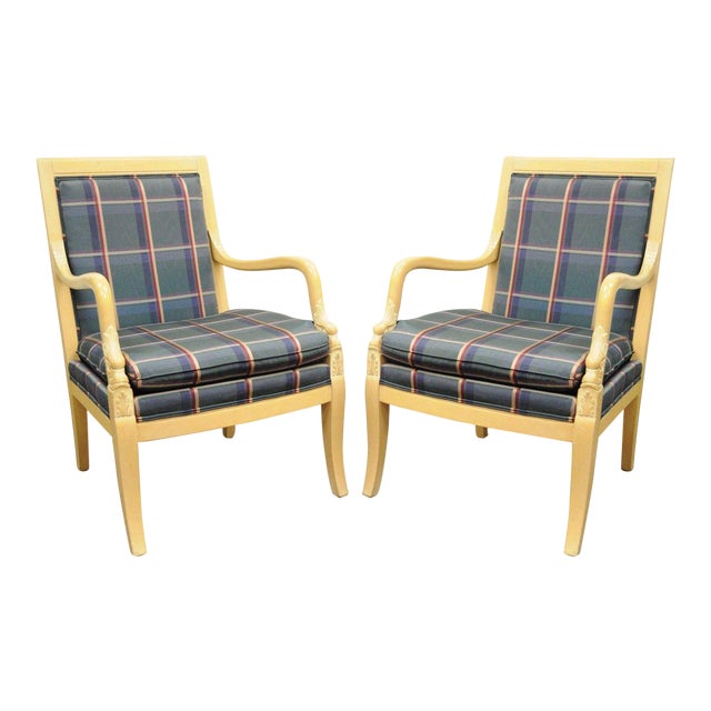 Ethan Allen Italian Regency Carved Dolphin Fireside Lounge Arm Chairs