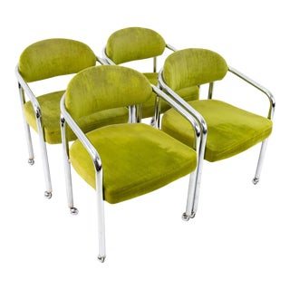 Milo Baughman Style Chromcraft Mid-Century Green Chrome Dining Chairs - Set of 4 For Sale