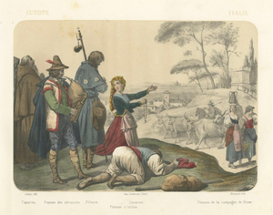 After Leloir, Italian Regional Costumes, Peasants of Rome and Abruzzo, Femme Dischia, 1845, Lithograph