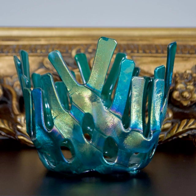 Late 20th Century Iridescent Blue Green Fused Art Glass Coral Basket Bowl – Sculptural Studio Glass For Sale - Image 5 of 11