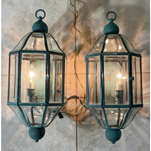 Pair of Vintage Solid Brass & Beveled Glass Wall Lantern - Sconces - Verdigris For Sale In Miami - Image 6 of 14