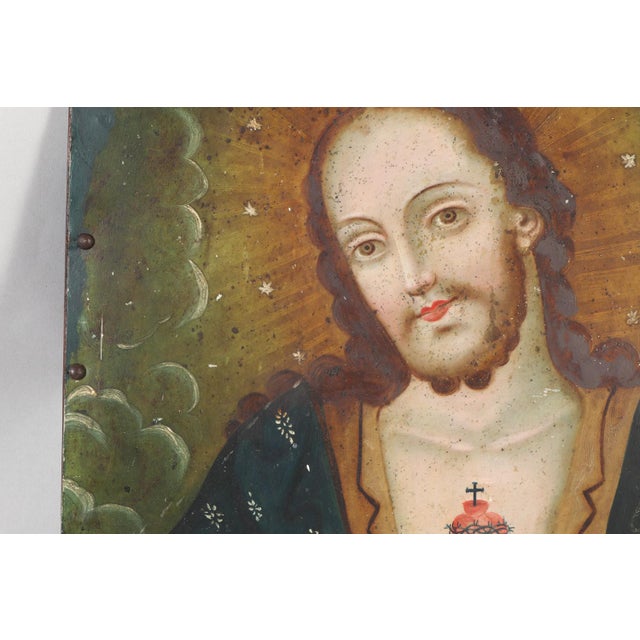 Sacred Heart of Jesus, Oil on Tin Over Panel, 19th Century For Sale - Image 4 of 12