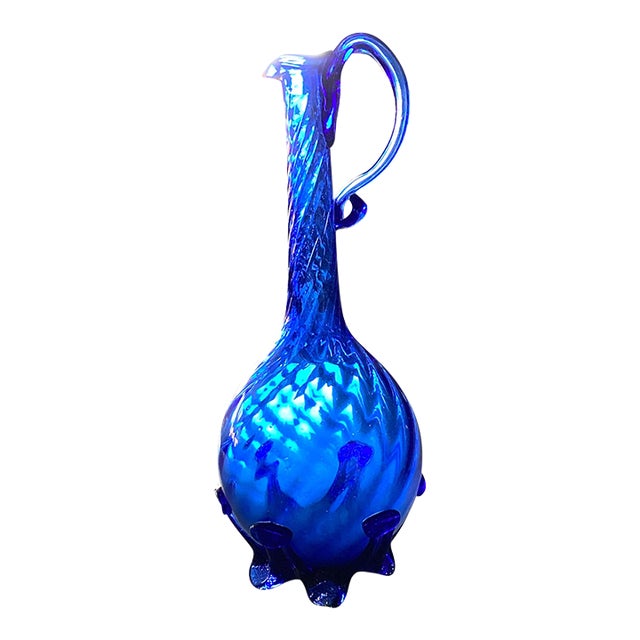 Vintage Handblown Cobalt Glass Pitcher With Handle in Swirl Design For Sale