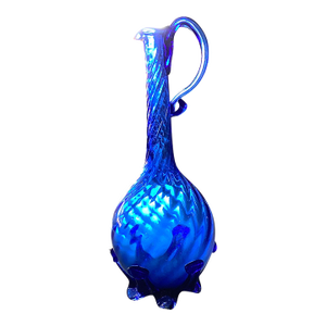 Vintage Handblown Cobalt Glass Pitcher With Handle in Swirl Design