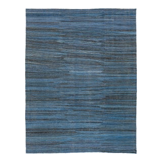 Modern Handmade Flat-Weave Kilim Wool Rug in Indigo & Charcoal Abrash 9x12 For Sale