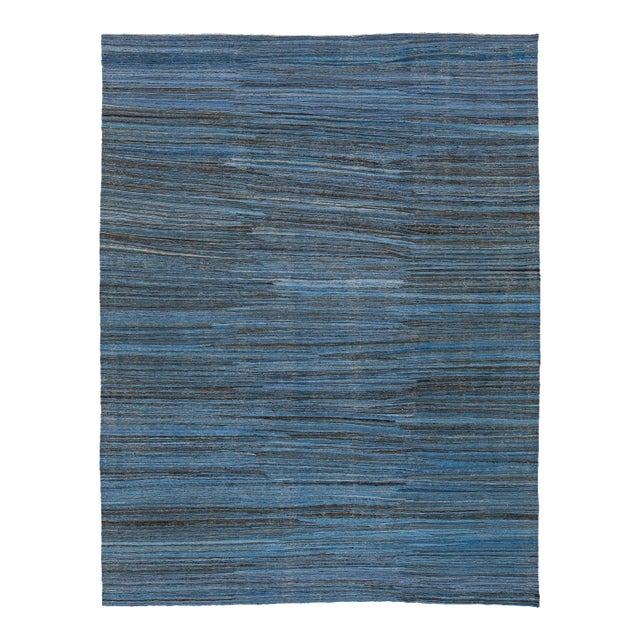 Modern Handmade Flat-Weave Kilim Wool Rug in Indigo & Charcoal Abrash 9x12 For Sale