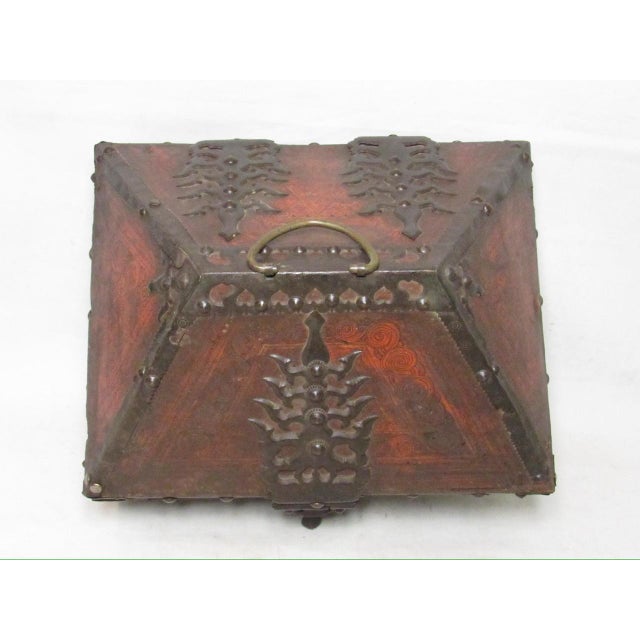 Indian Antique Indian Iron Bound and Lacqured Dowry or Jewelry Box For Sale - Image 3 of 12