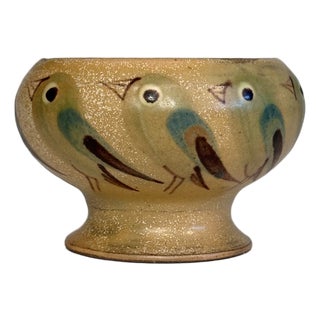 Danish Modern Studio Ceramic Candleholder or Vase with Birds Decor by Margrethe and Palle Dybdahl, Denmark, 1960s For Sale