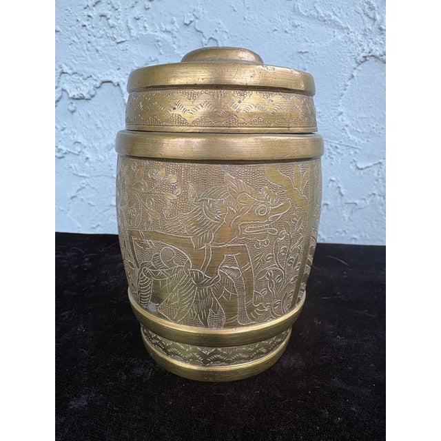 Mid 20th Century Vintage Hand-Etched Asian Brass Covered Jars – Set of 2 Decorative Canisters For Sale - Image 5 of 12
