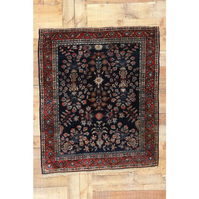 Antique Navy Blue Persian Mohajeran Sarouk Rug - 03'03 X 03'10 For Sale - Image 9 of 9