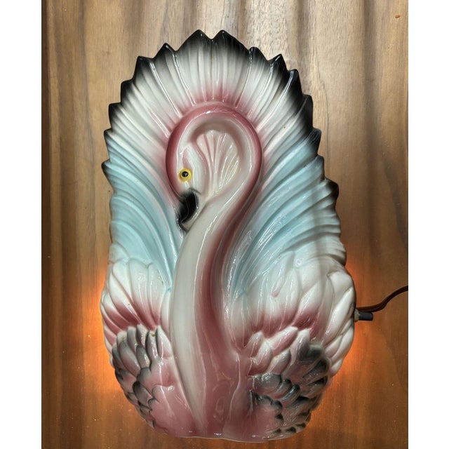 Pink 1950s Mid-Century California Ceramic Pottery Pink Flamingo W/ Open Wings Tv Table Lamp For Sale - Image 8 of 9