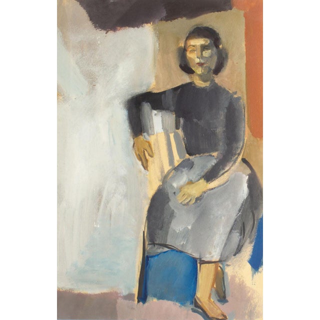 An oil on paper painting by the American artist Walter Stomps, Jr. (1929-2020). This abstract work depicts a woman with...