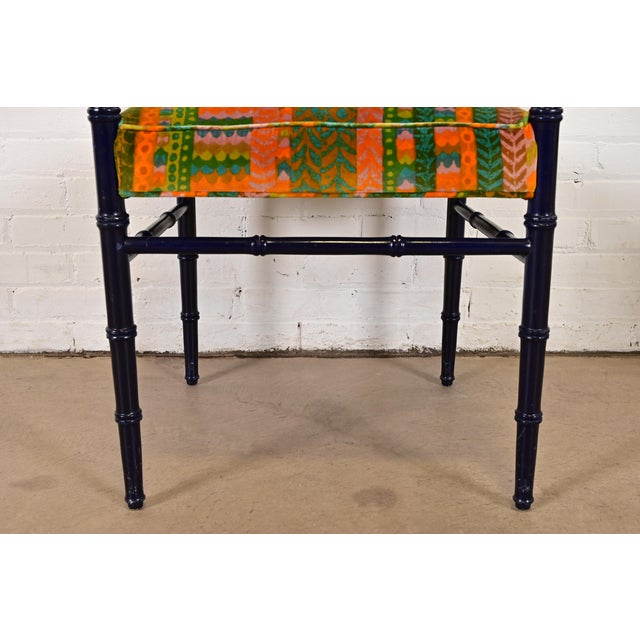 Black Mid-Century Hollywood Regency Ebonized Faux Bamboo Armchairs With Jack Lenor Larsen Upholstery, Pair For Sale - Image 8 of 11