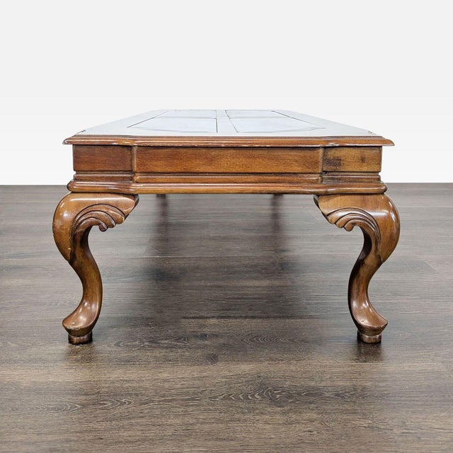 Traditional Carved Cherrywood Coffee Table With Beveled Glass Inserts For Sale - Image 3 of 8