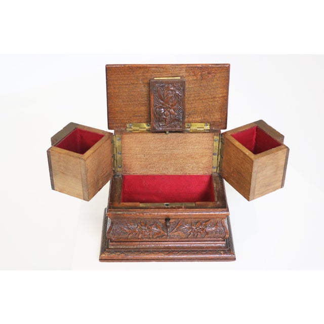 19th Century Antique Black Forest Jewelry Box in Carved Fruitwood and Red Velvet Chest, 1890 For Sale - Image 5 of 11