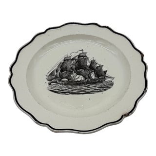 A Very Nice Antique English Liverpool Creamware Plate With Black Transfer Ship, Circa 1780's For Sale