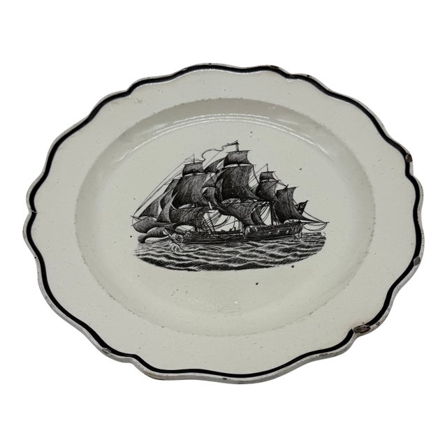 A Very Nice Antique English Liverpool Creamware Plate With Black Transfer Ship, Circa 1780's For Sale