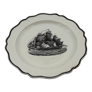 A Very Nice Antique English Liverpool Creamware Plate With Black Transfer Ship, Circa 1780's