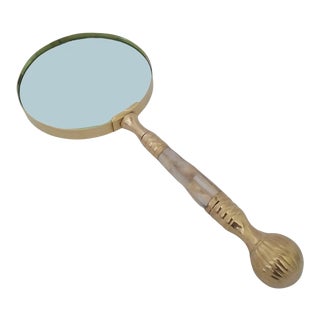 Vintage Mid 20th Century Brass Magnifying Glass With Mother of Pearl Inlay in Wooden Box For Sale